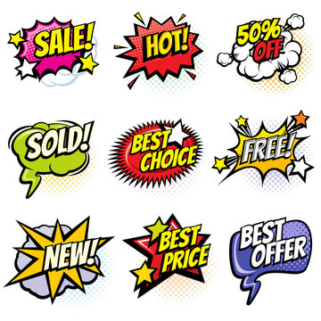 Comic speech bubbles with promo words. Discount, sale and shopping cartoon banners vector set
