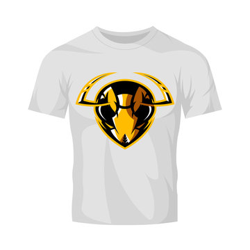 Furious hornet head athletic club vector logo concept isolated on white t-shirt mockup. 
Modern sport team mascot badge design. Premium quality wild insect emblem t-shirt tee print illustration.