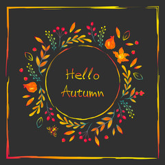 Autumn round frame. Background with hand drawn autumn leaves