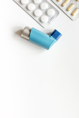 concept asthma and treatment on white background top view