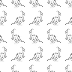 Seamless pattern of outline parasaurolophus dinosaurs on a white background