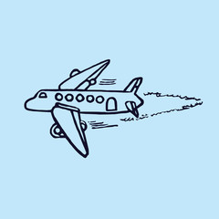 Aircraft, hand drawn doodle, sketch in pop art style, black and white vector illustration