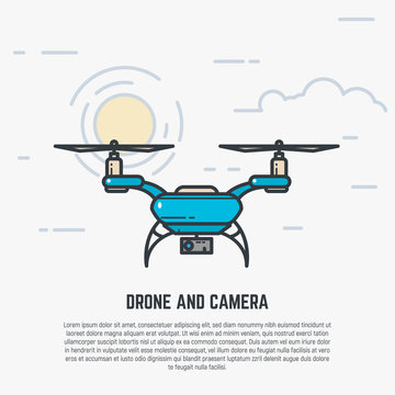 Quadcopter flying in sky. Drone with camera. Flat style line modern vector illustration with retro colors.