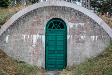 A weathered arched outdoor concrete underground cellar with green wooden door for food storage.