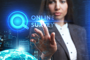 The concept of business, technology, the Internet and the network. A young entrepreneur working on a virtual screen of the future and sees the inscription: Online survey