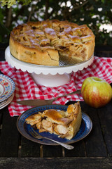 Traditional dutch apple pie. Wooden table in the garden. White and blue plates.