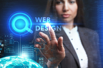 The concept of business, technology, the Internet and the network. A young entrepreneur working on a virtual screen of the future and sees the inscription: Web design