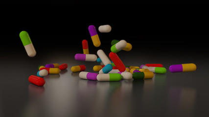 3D rendering multicolored medical pills falling from top to bottom