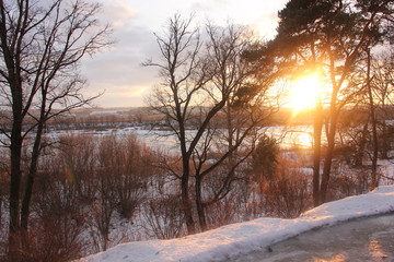 sunset in winter over the river - 167091237