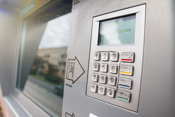 Automatic machine for cash withdrawal. Pinpad and big touchscreen in a machine