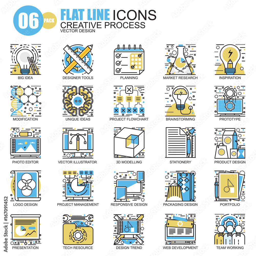 Poster thin line creative process icons set