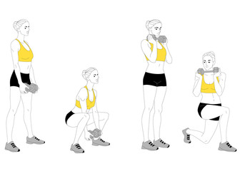 The girl is doing sports exercises with dumbbells isolated on white background. Vector illustration.