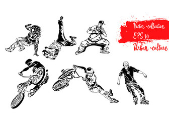 Set of extreme sportsmen. Rollers, bicyclists and breakdancers . Extreme theme modern print. Vector design elements. Isolated on white background