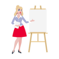Business woman standing near a conference blank board easel and gives a presentation.