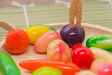 Fruit Shaped Mung Beans in Jelly,deletable imitation fruits or Kanom Look Choup in Thai