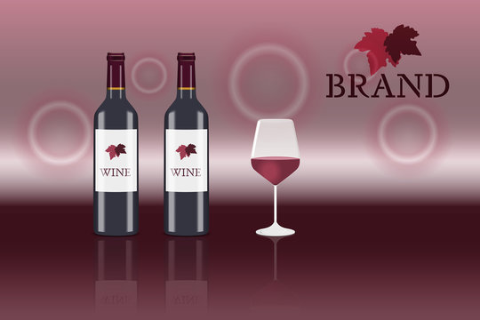 Brand. 2 Bottles of red wine with glass and logo. In red shades.