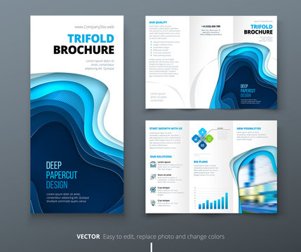 Business tri fold brochure design. Blue green corporate business template for tri fold flyer. Layout with modern square photo and abstract background. Creative concept folded flyer or brochure.