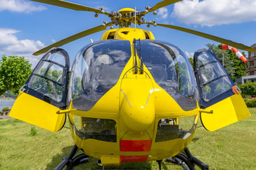 Andernach, Germany - July 04 2017: Waiting ADAC rescue ambulance helicopterwith name Christoph 75...