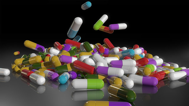 3D rendering multicolored medical pills falling from top to bottom