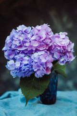 Beautiful bouquet of blue hydrangeas stands on the table