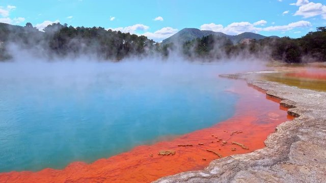Rotorua, New Zealand - The colorful Champagne pool is a unique hot spring in the thermal Wai O Tapu valley, colours created by arsenic and antimony