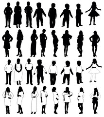 Set of black and white people silhouettes, vector