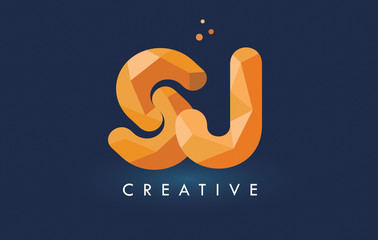 SJ Letter With Origami Triangles Logo. Creative Yellow Orange Origami Design.