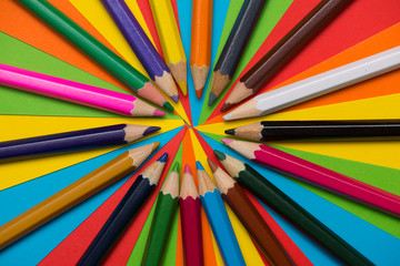 Colorful crayons. Many different colored pencils.