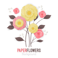Paper flowers background with exotic flowers pink and yellow colors