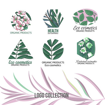 Natural, eco cosmetics logo set with hand drawn, sketch style leaves and flowers, vector illustration on white background. Round, hexagon and triangular logos with hand drawn leaves and flowers