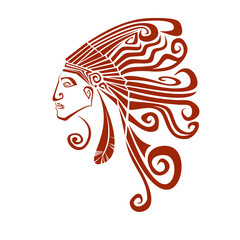Native american profile silhouette portrait. Red Indian chief wearing traditional headdress. Vector terracotta illustration