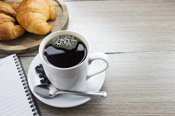 coffee in cup  With casserole on wooden tray,breakfas