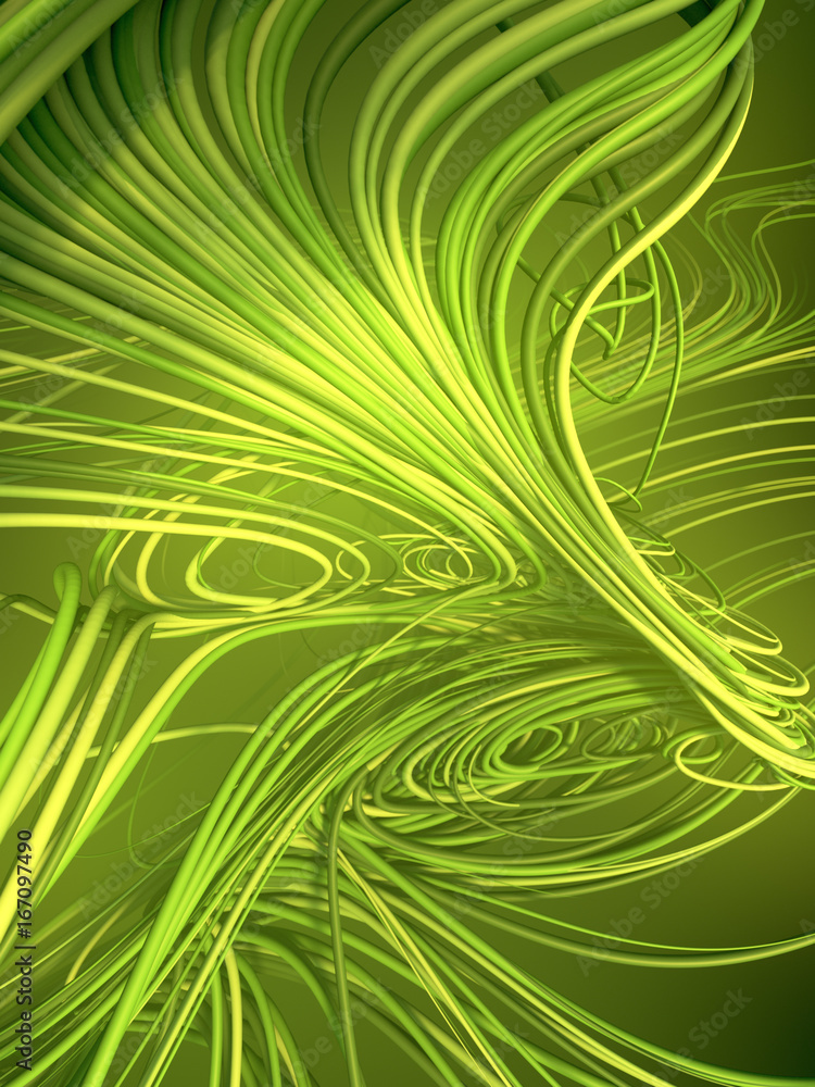 Poster Interlacing abstract green curves. 3D rendering