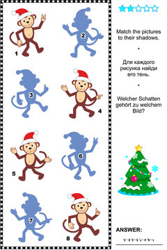 Christmas or New Year themed visual puzzle: Match the pictures of christmas monkeys to their shadows. Answer included.

