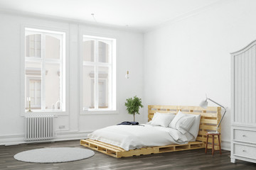 Minimalistisches Schlafzimmer mit Palettenbett