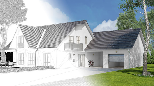 Entwurf von Einfamilienhaus als CAD und 3D Render