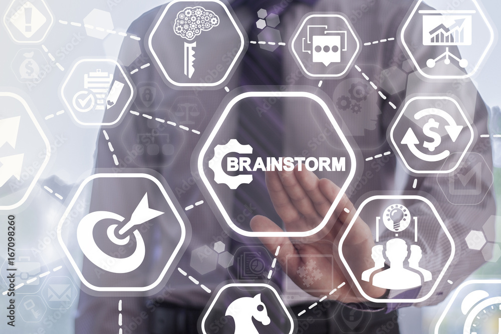 Aufkleber Brainstorm Business Team Work  Creative Idea Generation concept. Man presses brainstorm gear button on a virtual graphical user interface.