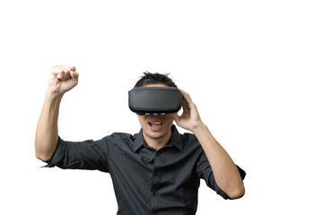 Young man using a VR headset and experiencing virtual reality isolated on white background