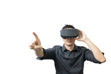 Young man using a VR headset and experiencing virtual reality isolated on white background