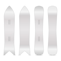 Snowboard Realistic Blank Set Vector. Empty Clean White Snowboards Template. Front, Back Sides. Different Types. Isolated Illustration