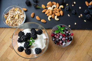 Healthy yoghurt with fresh fruit and seeds