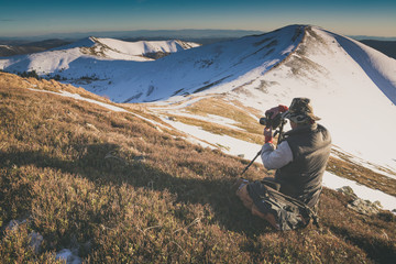 Fototapeta premium Beautiful winter mountain valley in a morning light. Instagram stylization