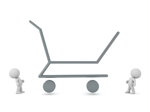3D Characters and Large Shopping Cart Outline