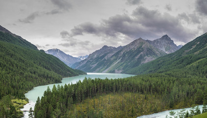 Panoramic view at Kucherla mountain lake and mountain range. Belukha national park, Altai republic, Siberia, Russia