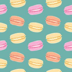 Obraz premium Vector macarons, seamless pattern with many-colored macarons on green-blue background, cartoon food illustration, print design