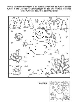 Winter, New Year or Christmas themed connect the dots picture puzzle and coloring page - snowman. Answer included.
