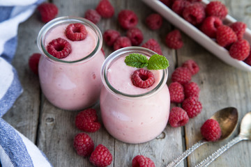 Yogurt smoothie with raspberries, fruit dessert. Berry smoothie. healthy dieting concept