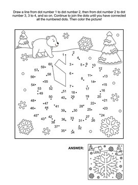 Winter, New Year or Christmas themed connect the dots picture puzzle and coloring page - snowflake. Answer included.
