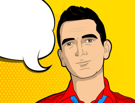 Pop Art man with blank speech bubble - comic book style, cartoon vector illustration.