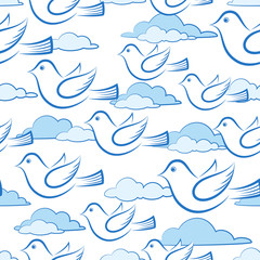 Obraz premium Seamless Background with Cartoon White Birds Flying in Sky with Clouds, Tile Illustration for Your Design. Vector
